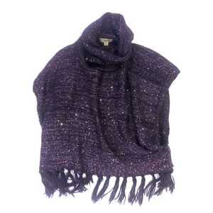Nine West Vintage America Purple Sequin Knit Fringe Poncho Turtleneck Sweater L